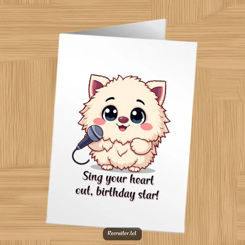 Funny Free Printable Birthday Card: A fluffy creature with wide eyes enthusiastically holding a microphone, ready to sing.