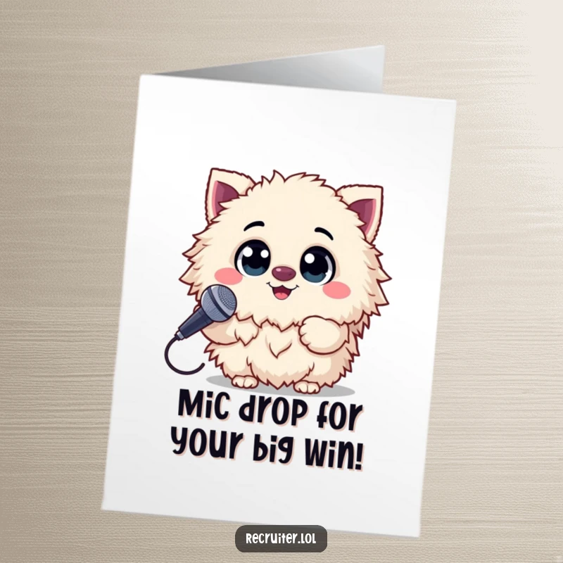 Funny Free Printable Congratulations Card: A fluffy creature with a huge grin holding a microphone, celebrating a big win.
