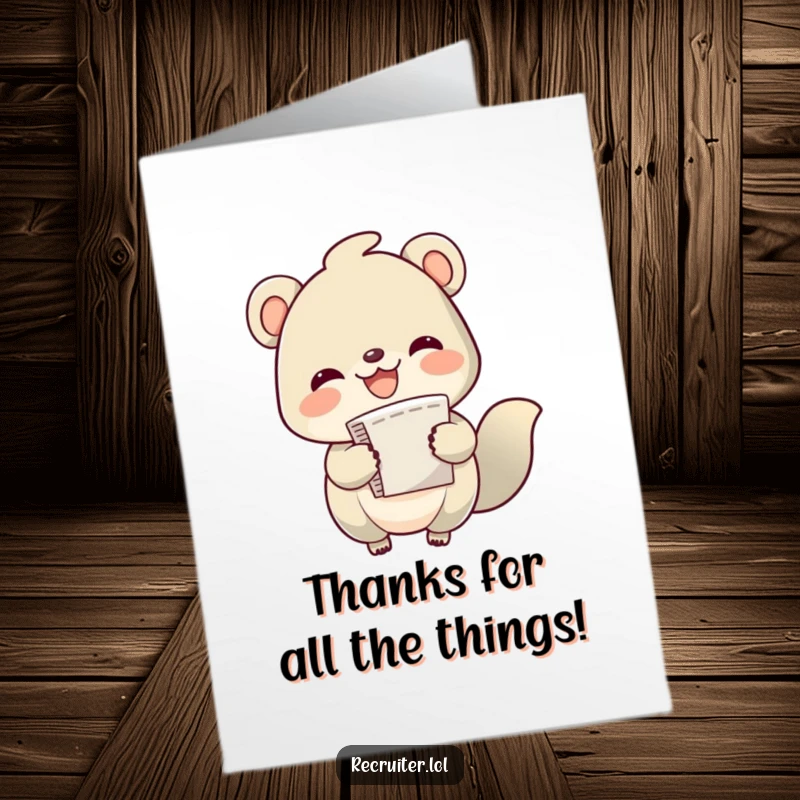Funny Free Printable Thank You Card: A cheerful creature happily holding a large stack of paper, saying thanks.